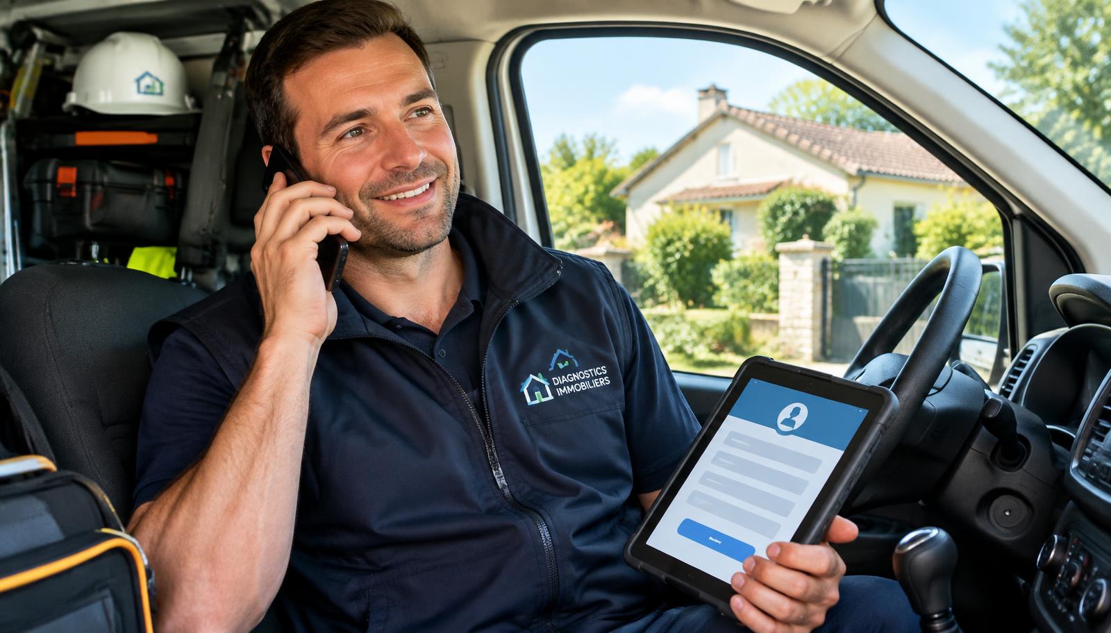 Diagnostiqueur immobilier rappelant un particulier depuis son véhicule