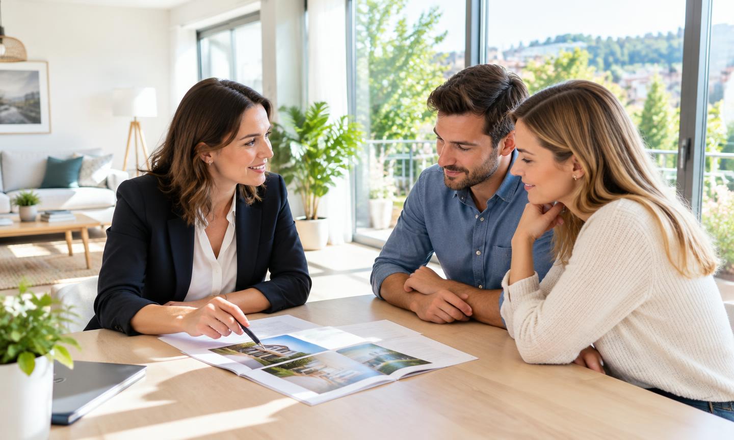 Illustration d’un échange entre une professionnelle de l’immobilier et un couple autour de documents