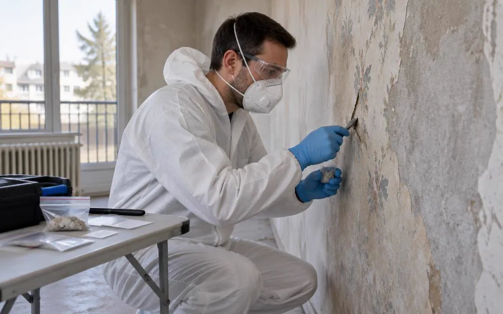 Diagnostiqueur en combinaison de protection prélevant un échantillon de revêtement mural dans un immeuble ancien avant des travaux