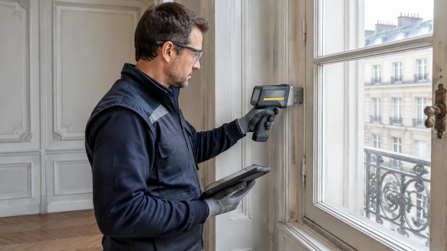 Diagnostiqueur immobilier mesurant le plomb d’un revêtement avec un appareil portable à fluorescence X dans un logement ancien