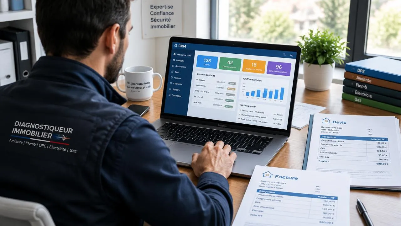 Diagnostiqueur immobilier consultant un tableau de bord CRM avec devis et factures sur son ordinateur