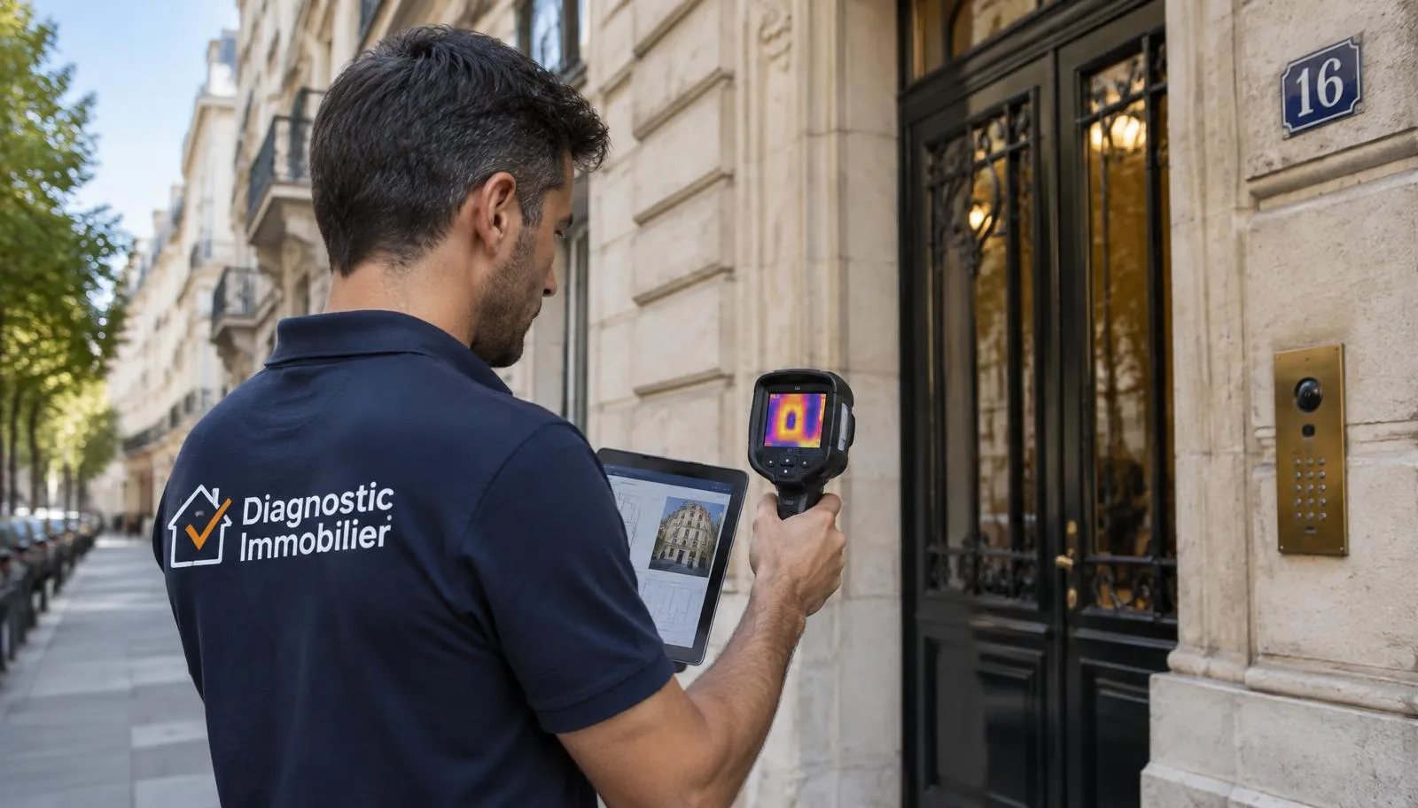 Diagnostiqueur immobilier certifié réalisant un DPE avec caméra thermique et tablette devant un immeuble ancien