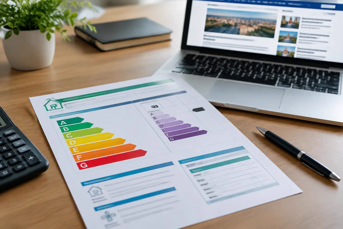 Document de diagnostic de performance énergétique avec étiquette A à G posé sur un bureau à côté d'un ordinateur portable