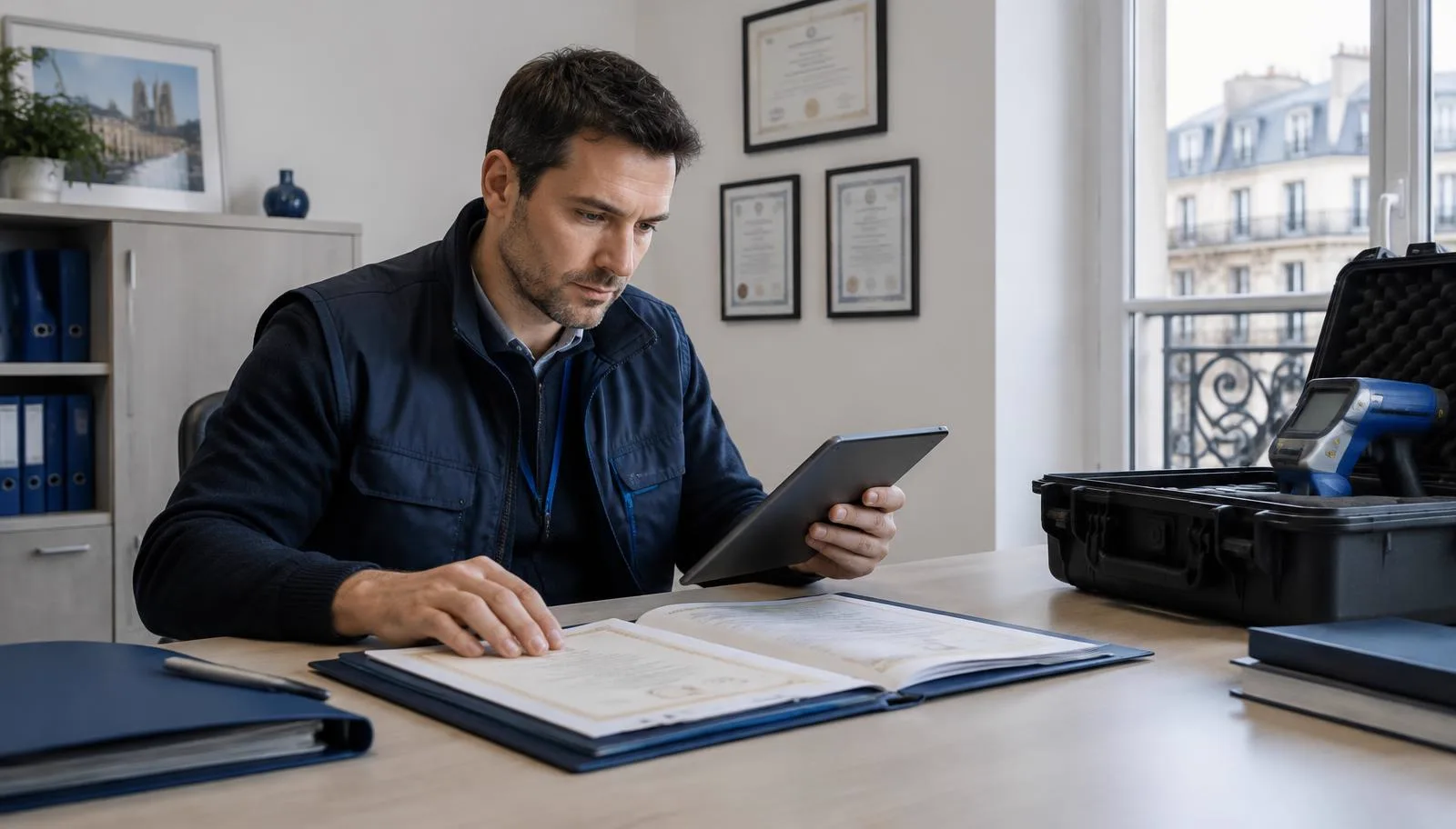 Diagnostiqueur immobilier vérifiant l'authenticité de certificats et diplômes avec une tablette dans un bureau