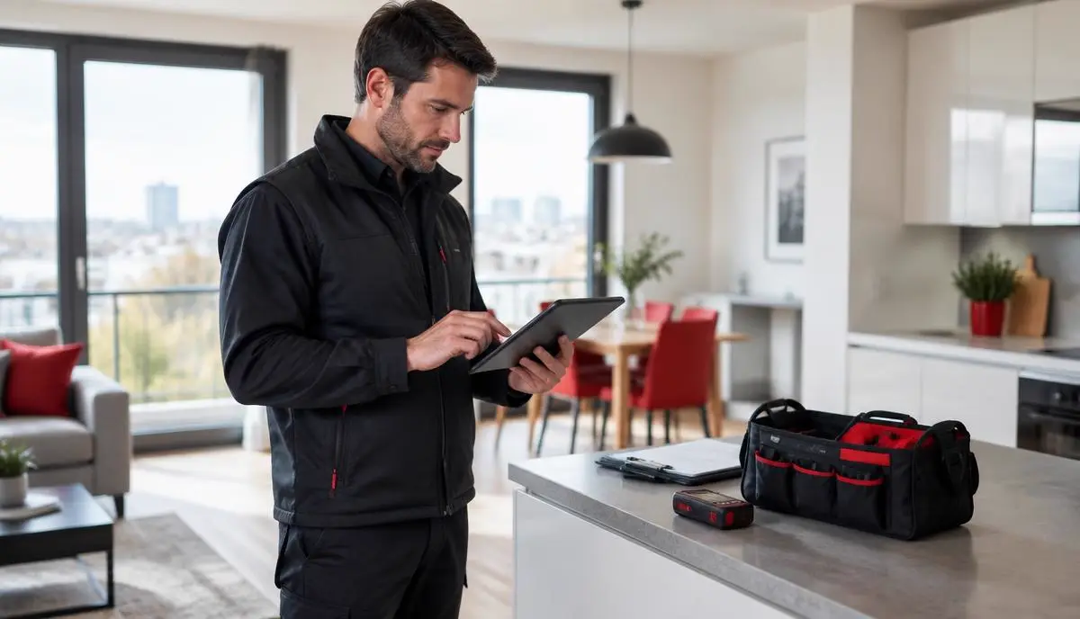 Diagnostiqueur immobilier utilisant un logiciel métier sur une tablette pendant une intervention