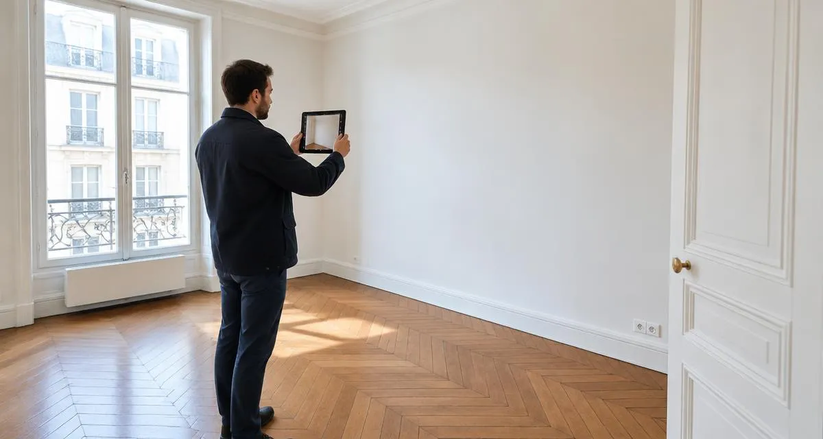 Technicien état des lieux photographiant une pièce vide avec sa tablette dans un appartement ancien
