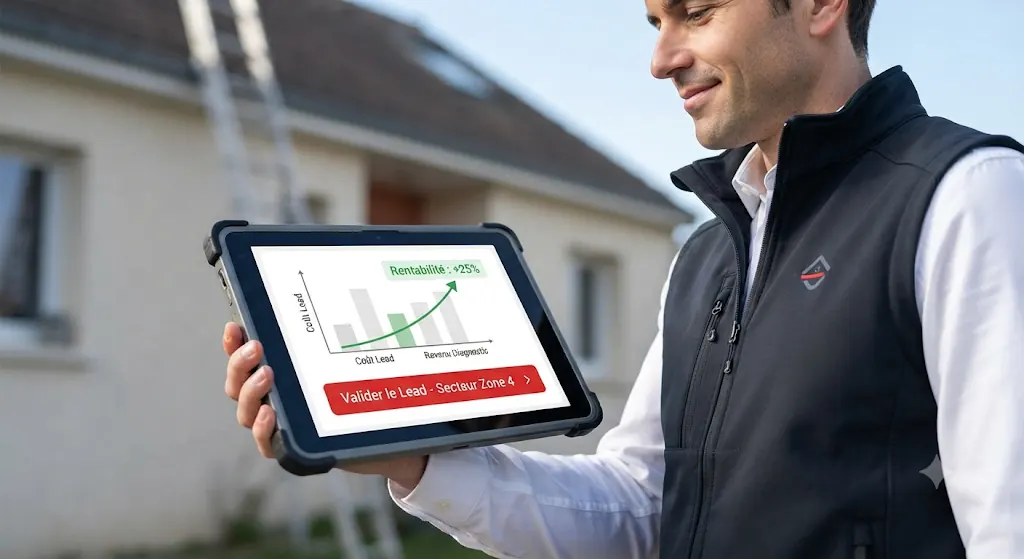 Diagnostiqueur consultant sur tablette la rentabilité de ses leads de diagnostic immobilier